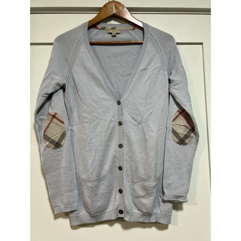 Burberry Nova Check Cardigan Sweater Cashmere Blend Elbow Patches Sky Blue
